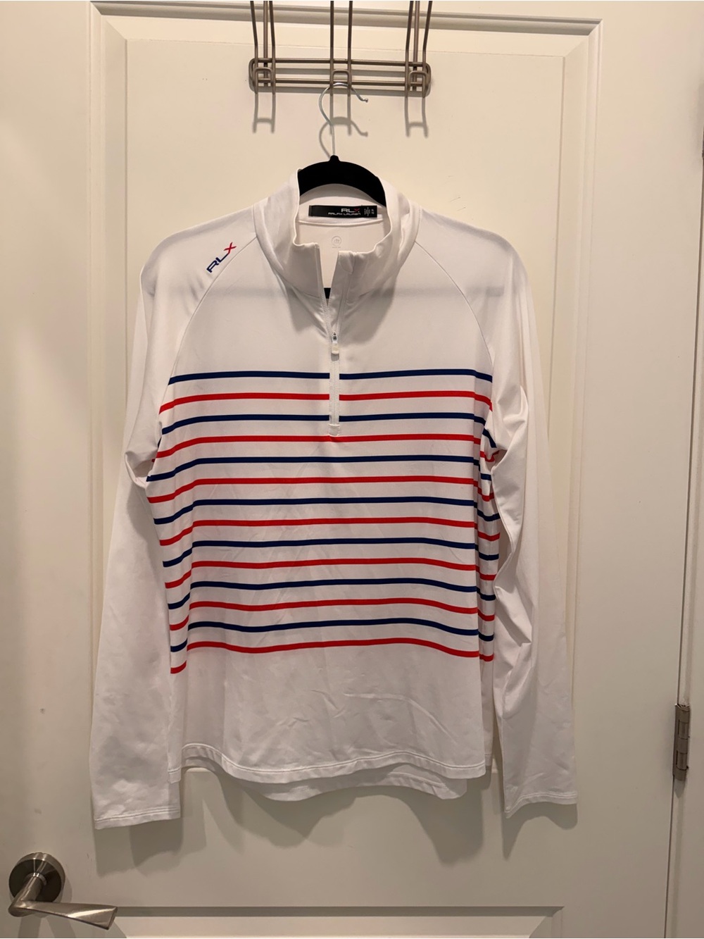 RLX Ralph Lauren 1/4 Zip Pullover Size XL White Red
Blue Striped Wicking